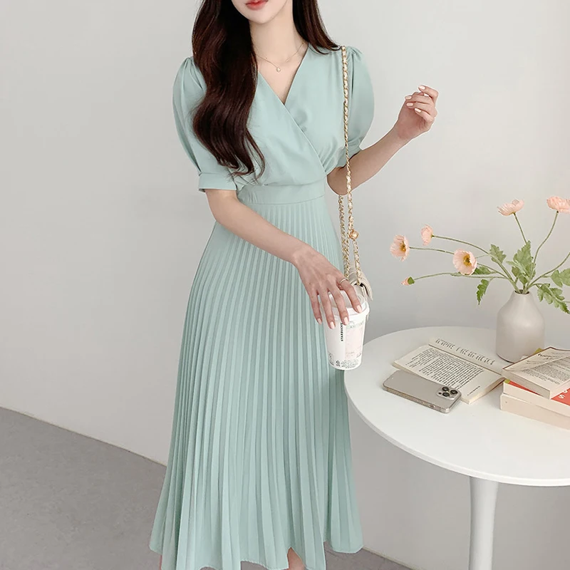 우아한 여름 여성 드레스 시크한 브이넥 퍼프 소매 허리 주름 슬림핏 미디 스커트 하이웨이스트 버블 소매 쉬폰 드레스