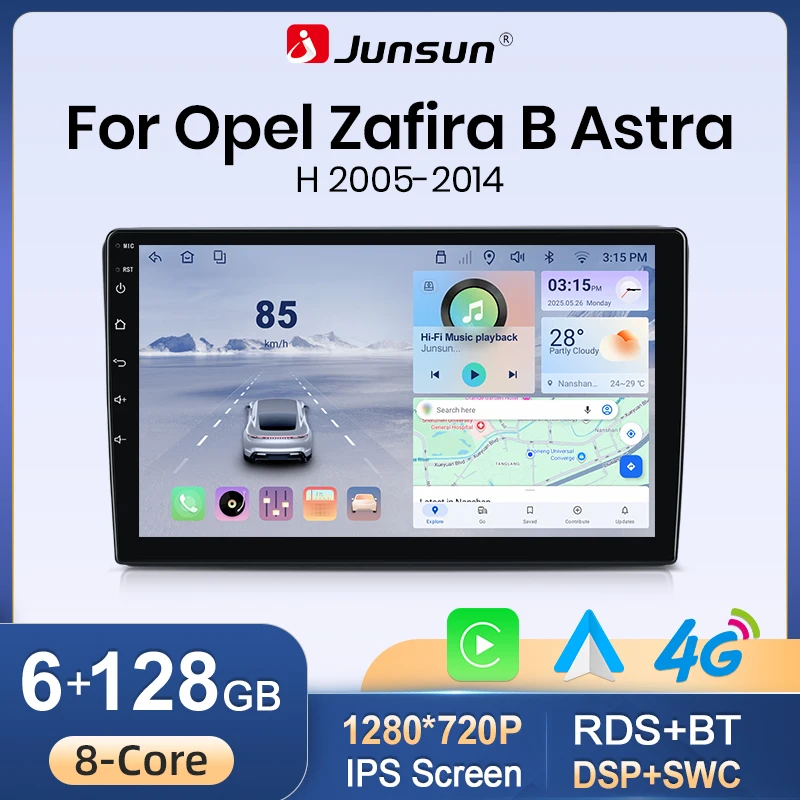 Junsun 9-Zoll Android 15 Autoradio für Opel Zafira B Astra H 2005-2014, kabelloses Apple CarPlay, Auto-IPS-Bildschirm, Stereo-Multimedia-Videoplayer, intelligente Fahrzeugsysteme,