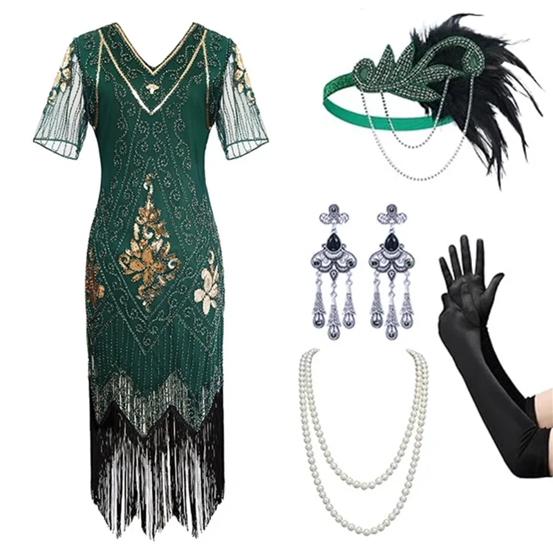 

Vintage Sequined Gatsby Ball Fringed Dinner Party Dress Plus Size Sexy Dress Cosplay Show