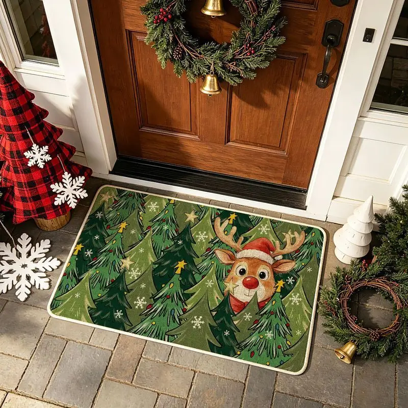 VIKAMA Christmas Door Mat Cartoon Reindeer Red Nose Christmas Tree Star Snowflake Non Slip Entryway Rug Holiday Decor Washable