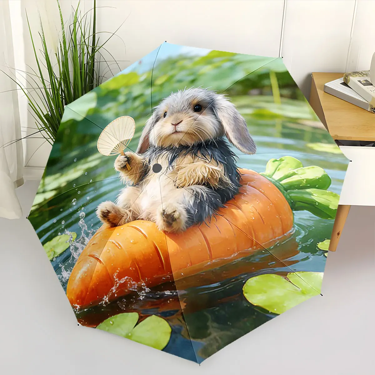 1PC Cute Bunny on Carrot Raft Adventure Print 8 Iron Ribs Folding Umbrella Auto-Open Fashion Sunshade
