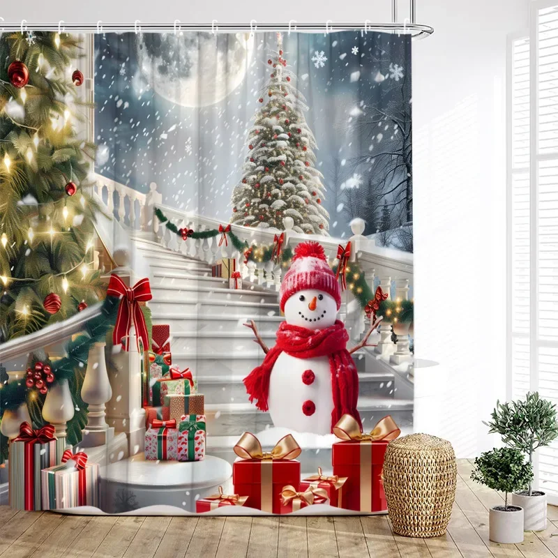 Christmas Shower Curtains Cute Snowman Xmas Tree Gift Full Moon Winter Snowflake New Year Home Bathroom Curtain Decor With Hooks