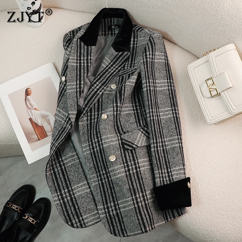 

ZJYT Autumn Winter New Coats Women's Woolen Jackets Long Sleeve Plaid Print Vintage Thick Outerwears Elegant Jaqueta Feminina