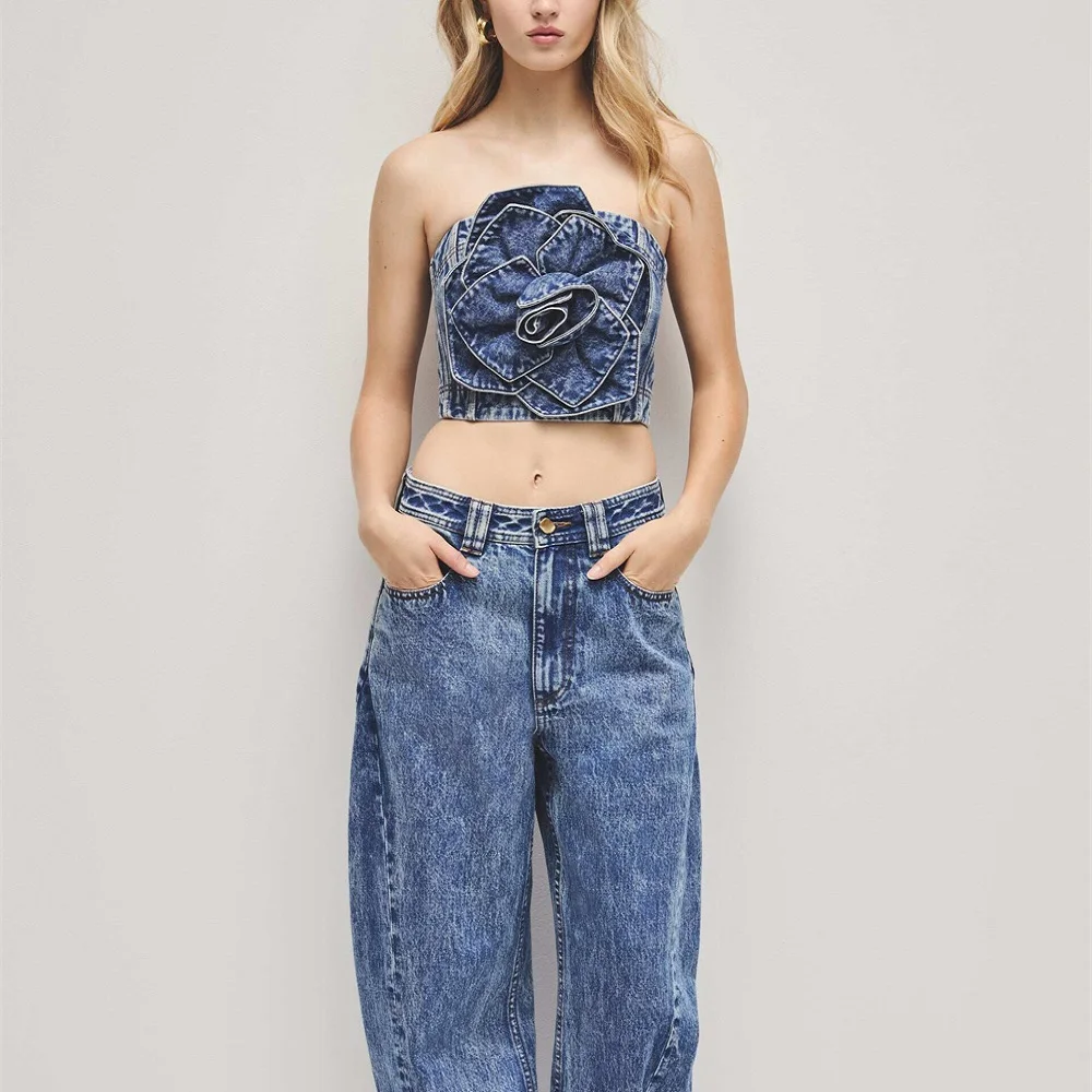 2026 Summer Women's Denim Bandeau — Pure Cotton, Appliqué, Corset-Style, Sexy Women's Vest — Y2K New Fashion, Versatile Top bra