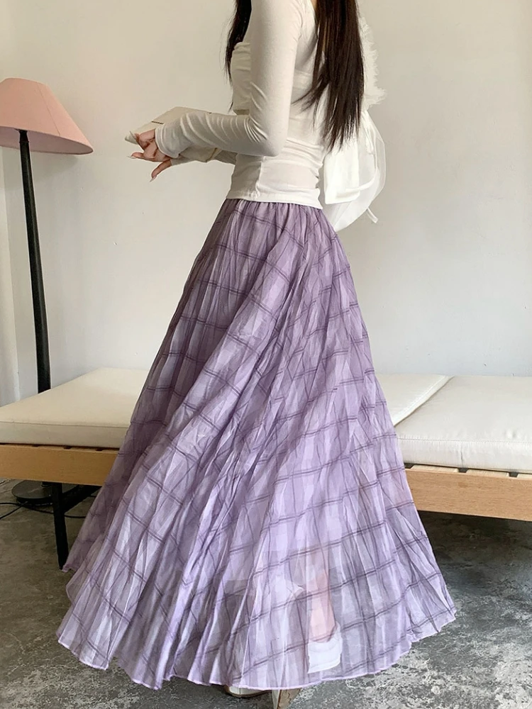 2026 Spring Summer Wrinkled Pleated Skirt Women Mesh Skirt Korean Casual High Waisted A-Line Plaid Long Skirt Midi falda plisada