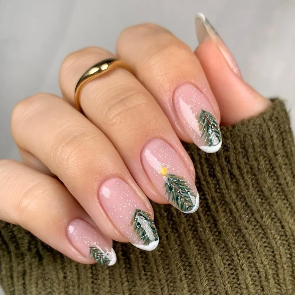 Fashion Christmas French Fake Nails Wearable Manicure Full Cover Press on Nails Almond Nail Tips Women