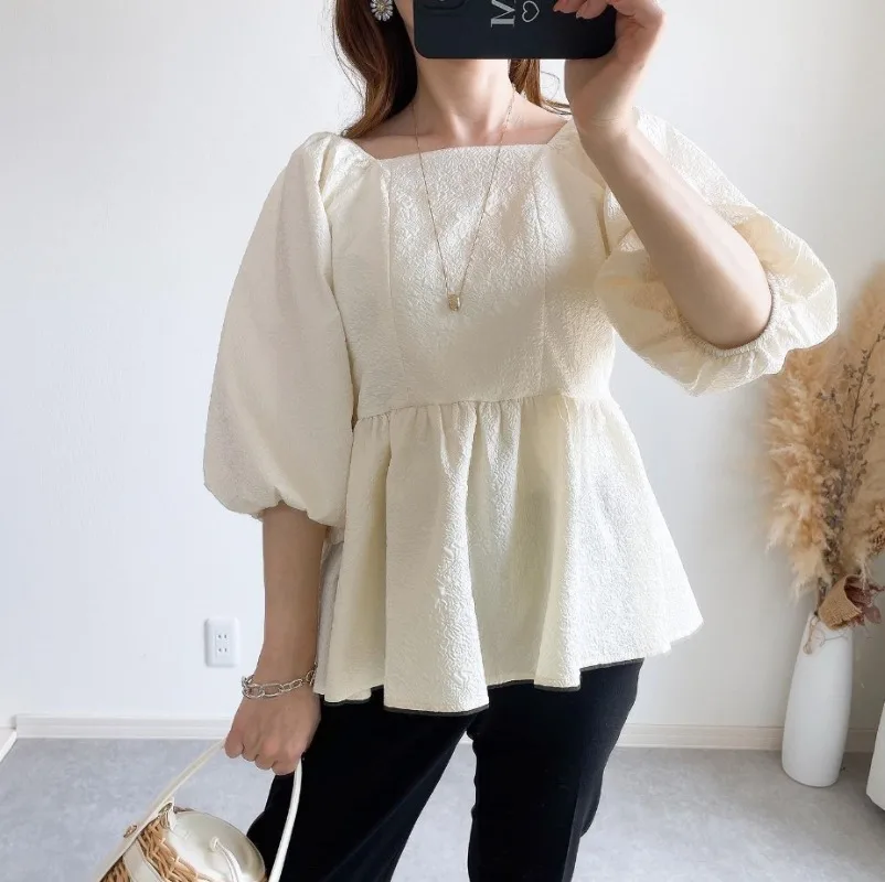 Japan Style Square Collar Puff Sleeve Sweet Blouses Women Solid Temperament Fairy Shirts Loose A-line Patchwork Blusas Mujer