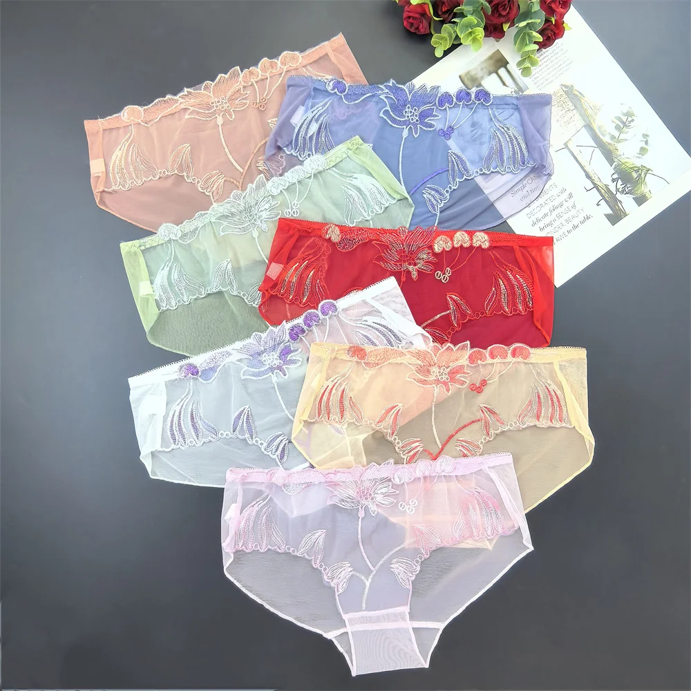 Sexy Full Transparent Seamless Women Panties Ultra-thin Breath Breifs Ladies Low Waist Underwear Embroidery Floral Mesh Lingerie