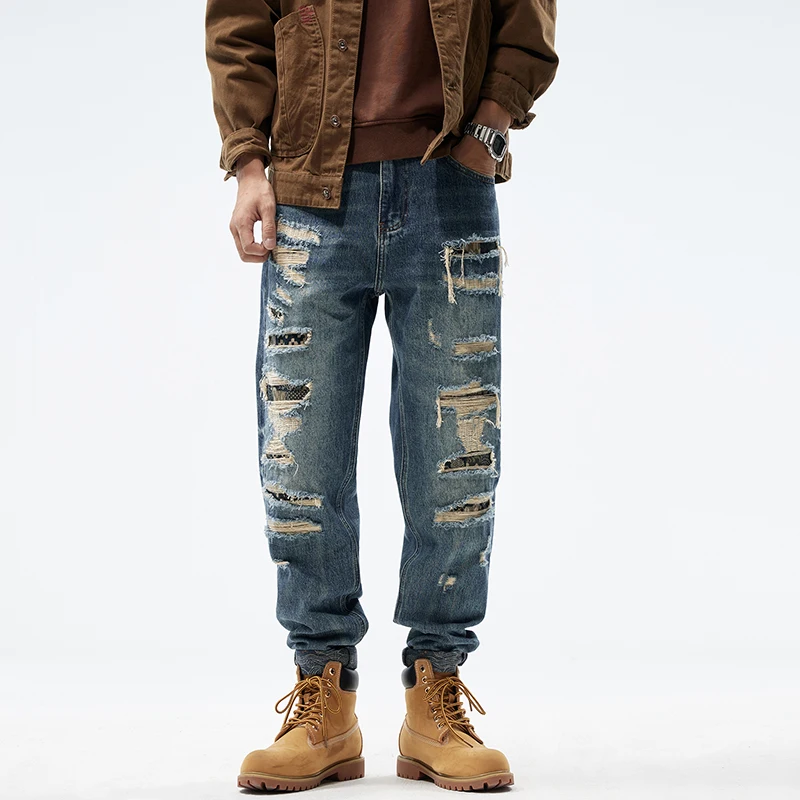 spring and autumn Ragged patch street hip-hop straight leg jeans for men loose ripped European and American high street pants