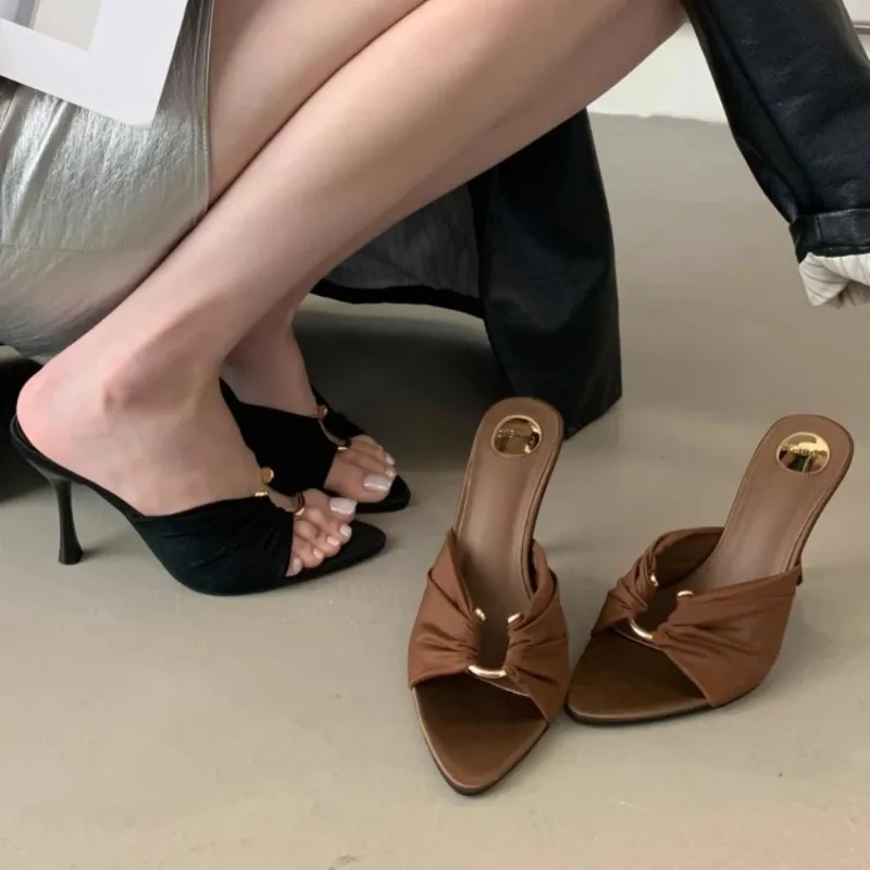 2025Summer Woman Slippers Fashion Open Toe Thin High Heels Shoes Street Style Stripper Party Slides Zapatos De Mujer