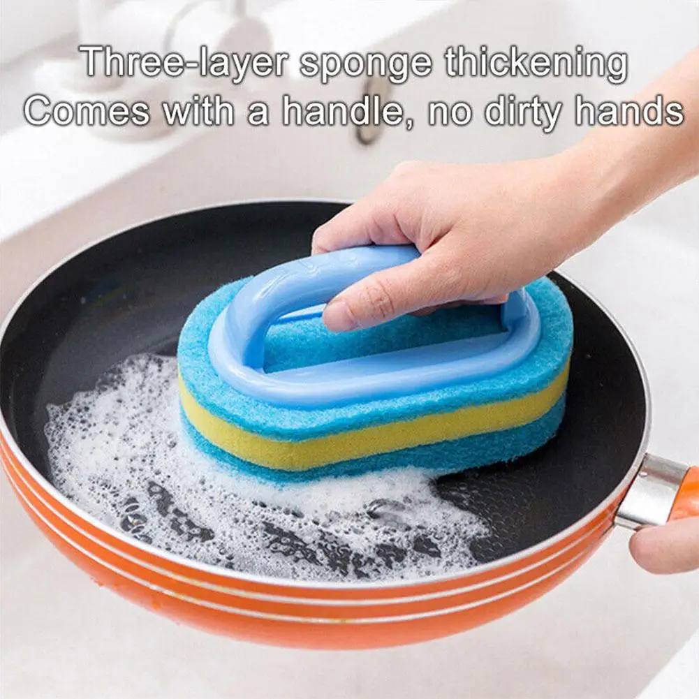 Cepillo de limpieza de esponja con mango para azulejos de bañera, cepillo de fregado duradero para cocina y baño, suministros de limpieza doméstica