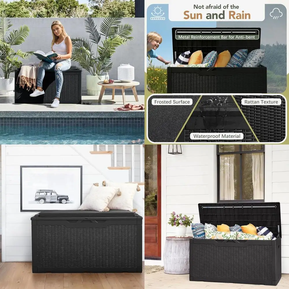 

100 Gallon Lockable Outdoor Storage Bench with Cushion, Waterproof Resin Deck Box for Patio, Tools, and Pool Gear (Black)