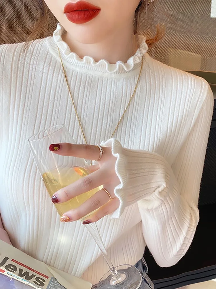 Sweter z golfem damski moda 2025 nowe elastyczne topy damskie dzianinowe pulowery z długim rękawem sweter dzianinowy bazowy