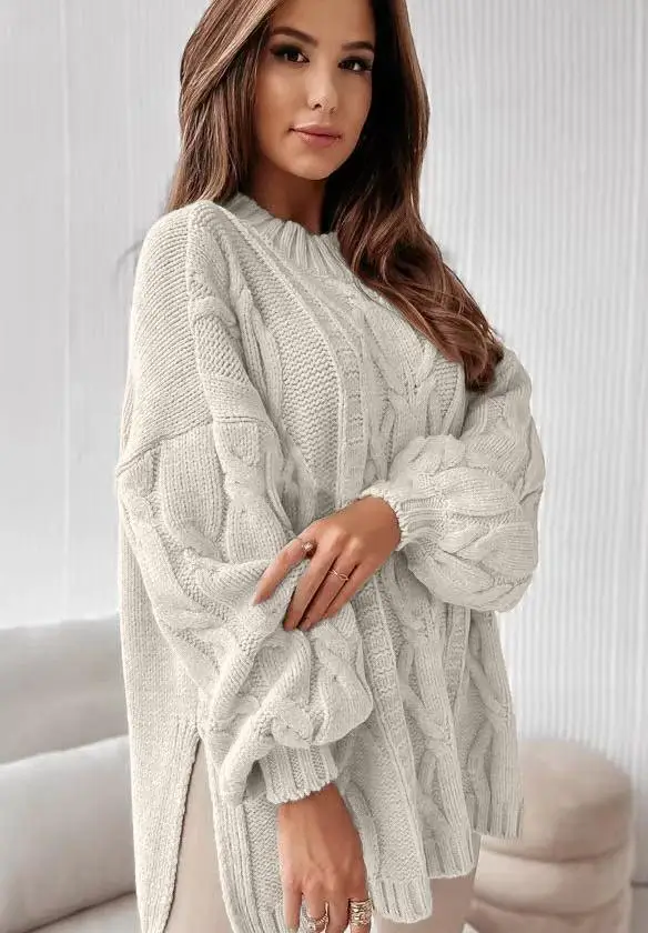 

Women Plus Size Casual Cable Knit Sweater Oversized Loose Fit Long Sleeve Round Neck Solid Color Pullover Daily Wear