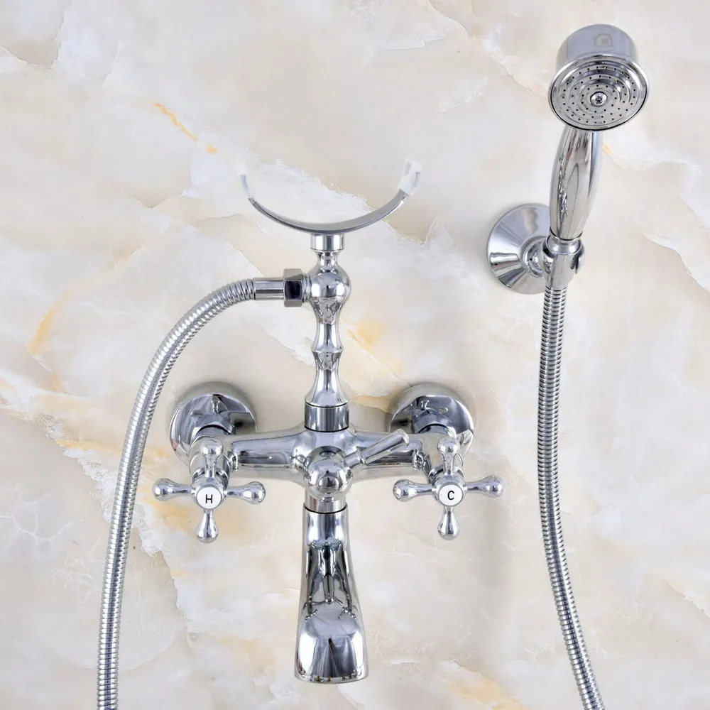 Silver Polished Chrome Brass Wall Mounted Bathroom Bath Tub Faucet Set with 1500MM Hand Held Shower Spray Mixer Tap 2na713