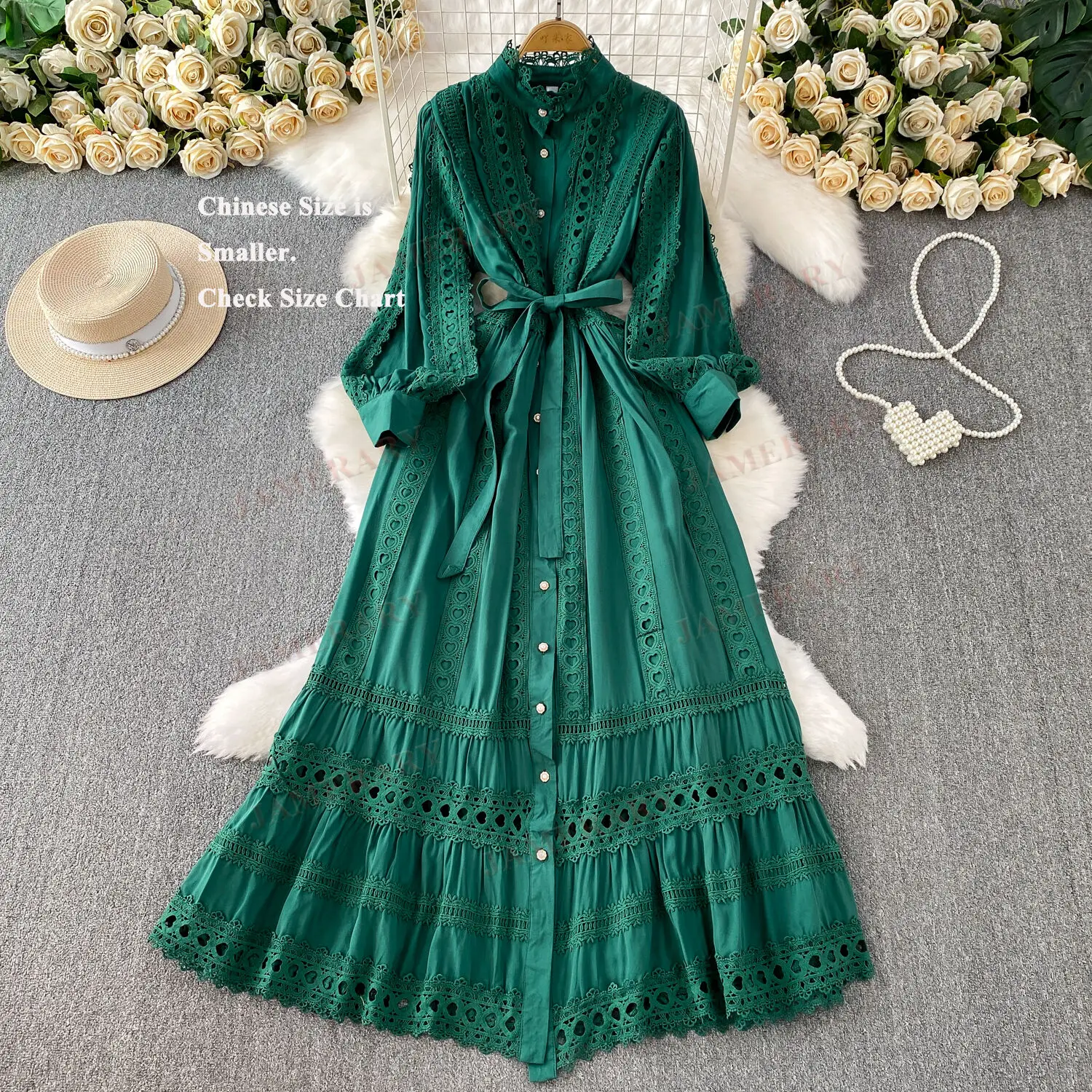 Renda retalhos suporte oco para fora manga longa maxi vestido camisa feminina outono inverno único breasted bordado vestidos de noite