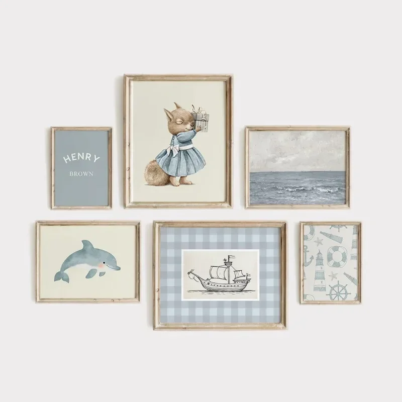 Rustic Nature Animal Wall Art Poster Set of 6 Personalized Nursery and Kids\' Room Decor Custom Name Print in Soft Tones Framelss