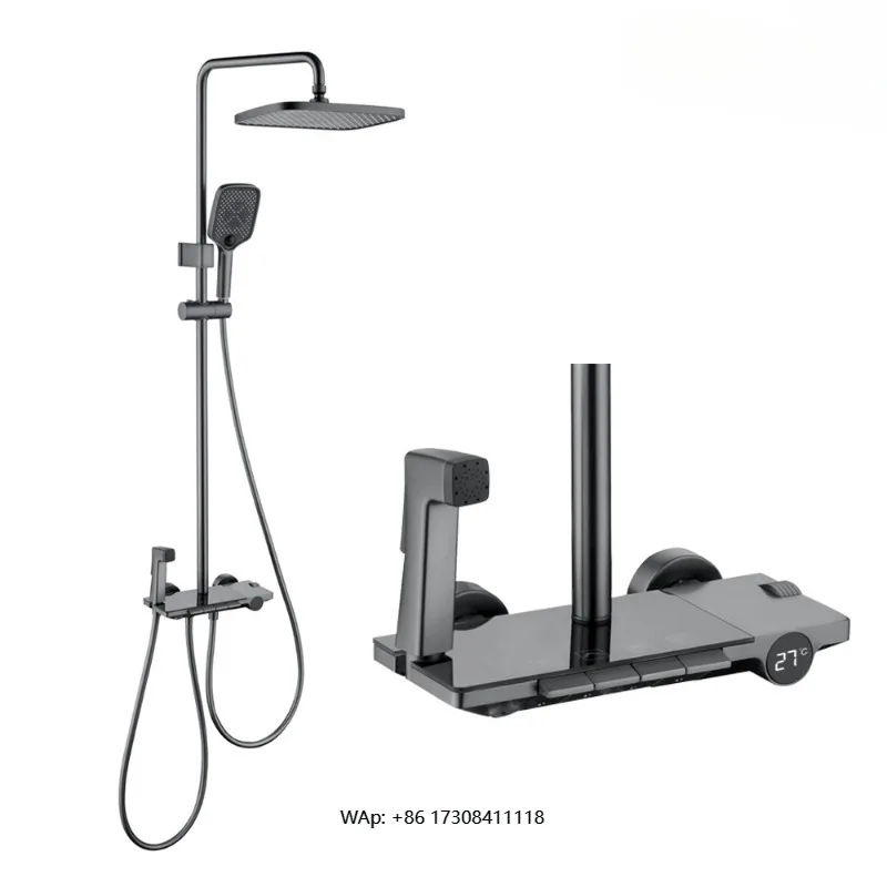 Bathroom Grey Brass Body Shower Set with Intelligent Digital Display and Four-Function Button Rain Shower Head Set