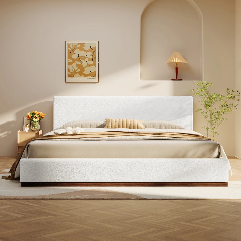 

Elegant White Fabric Upholstered Bed With Nice Wood Grain Textured Brown Solid Wood Base Frame,White,Queen