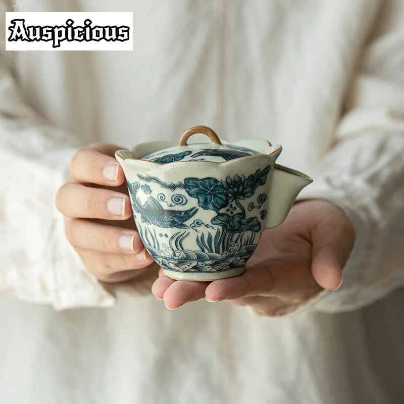 Antique Ru Kiln Hand-grasp Pot Boutque Fish And Algae Patterns Teapot Ceramic Xishi Pot Retro Tea Soaking Kettle Chinese Teaware