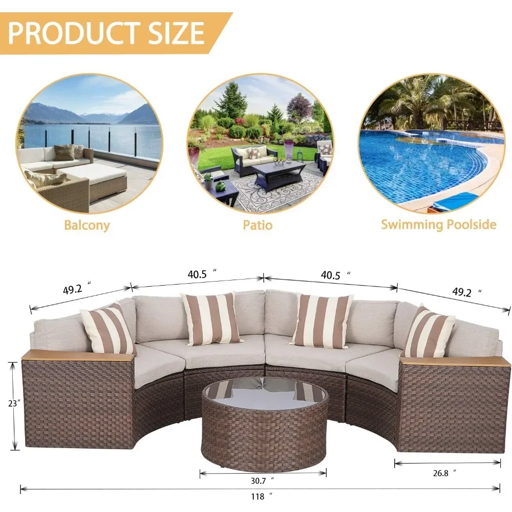 Outdoor Half Moon Patio Furniture 5-Piece Curved Outdoor Sofa, All-Weather Outdoor Sectional Furniture Patio Conversation Sets