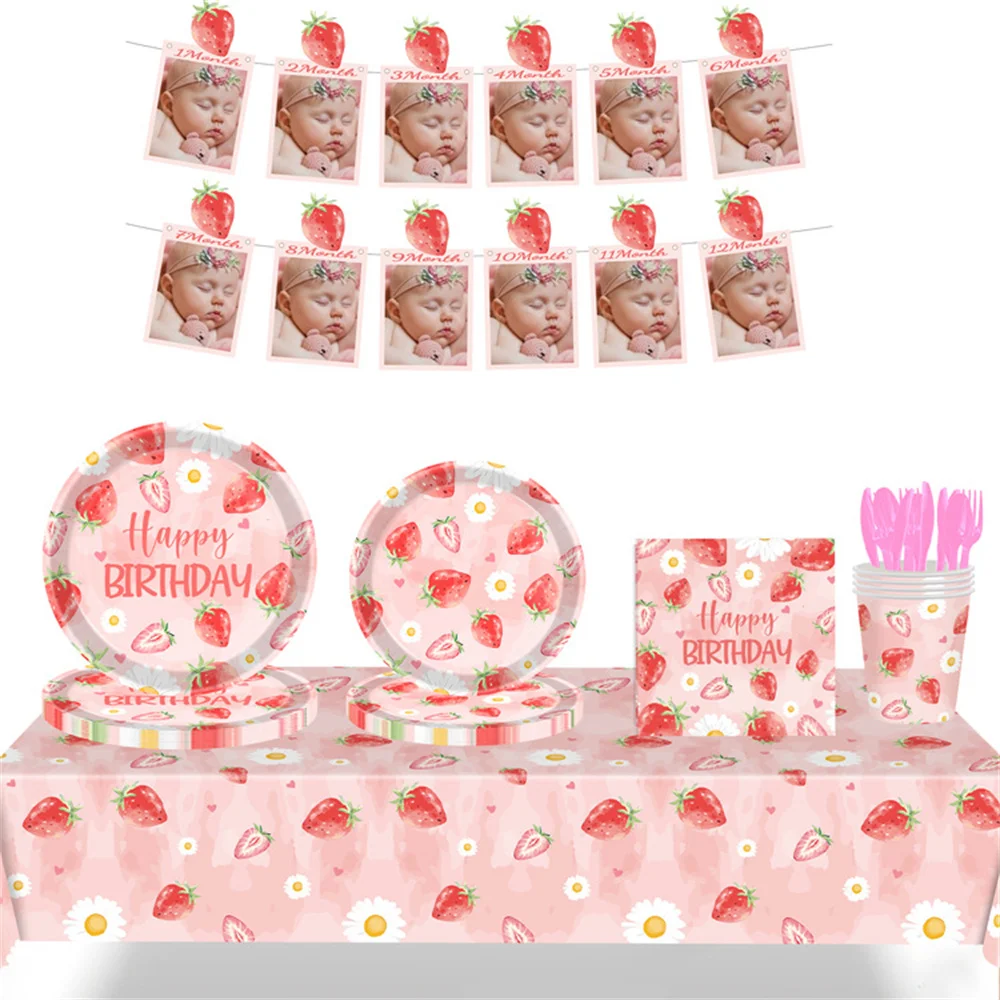 Strawberry Party Decorations Strawberry Themed Birthday Tableware Disposable Plate Tablecloth Strawberry Baby Shower Sweet One