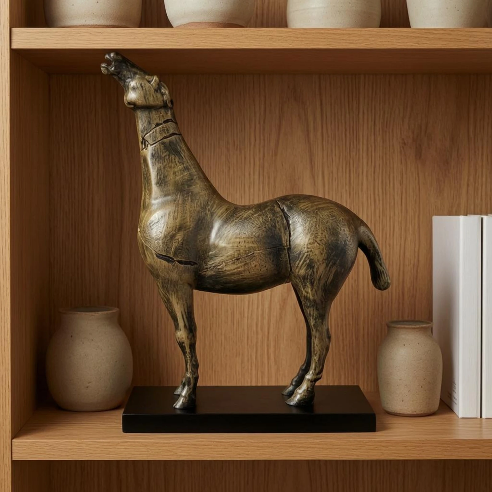 Standing Horse Figurine Antique Style Horse Statue on Base Equine Sculpture Sculpted Surface 1 Piece Raised Head