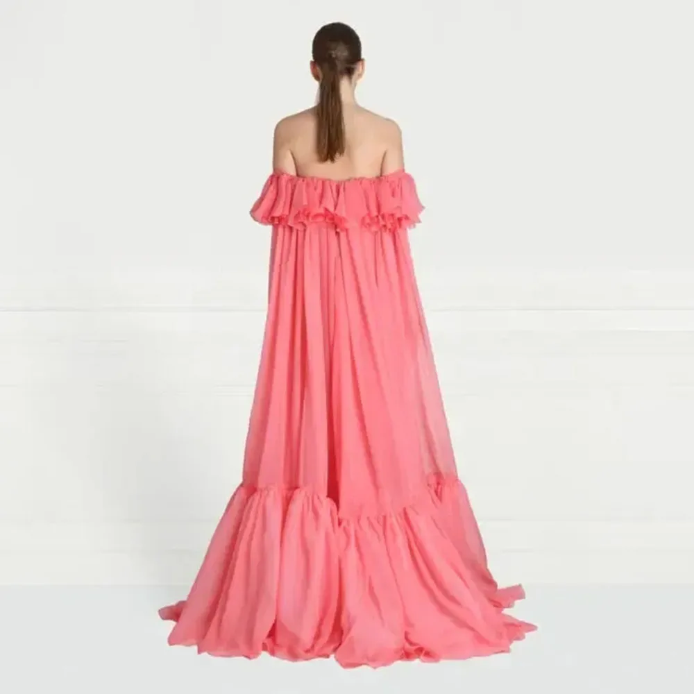 New Coral Red Evening Pageant Dress 2024 Off Shoulder Chiffon Outfit Women Prom Party Formal Gowns Maternity Wear Vestidos De