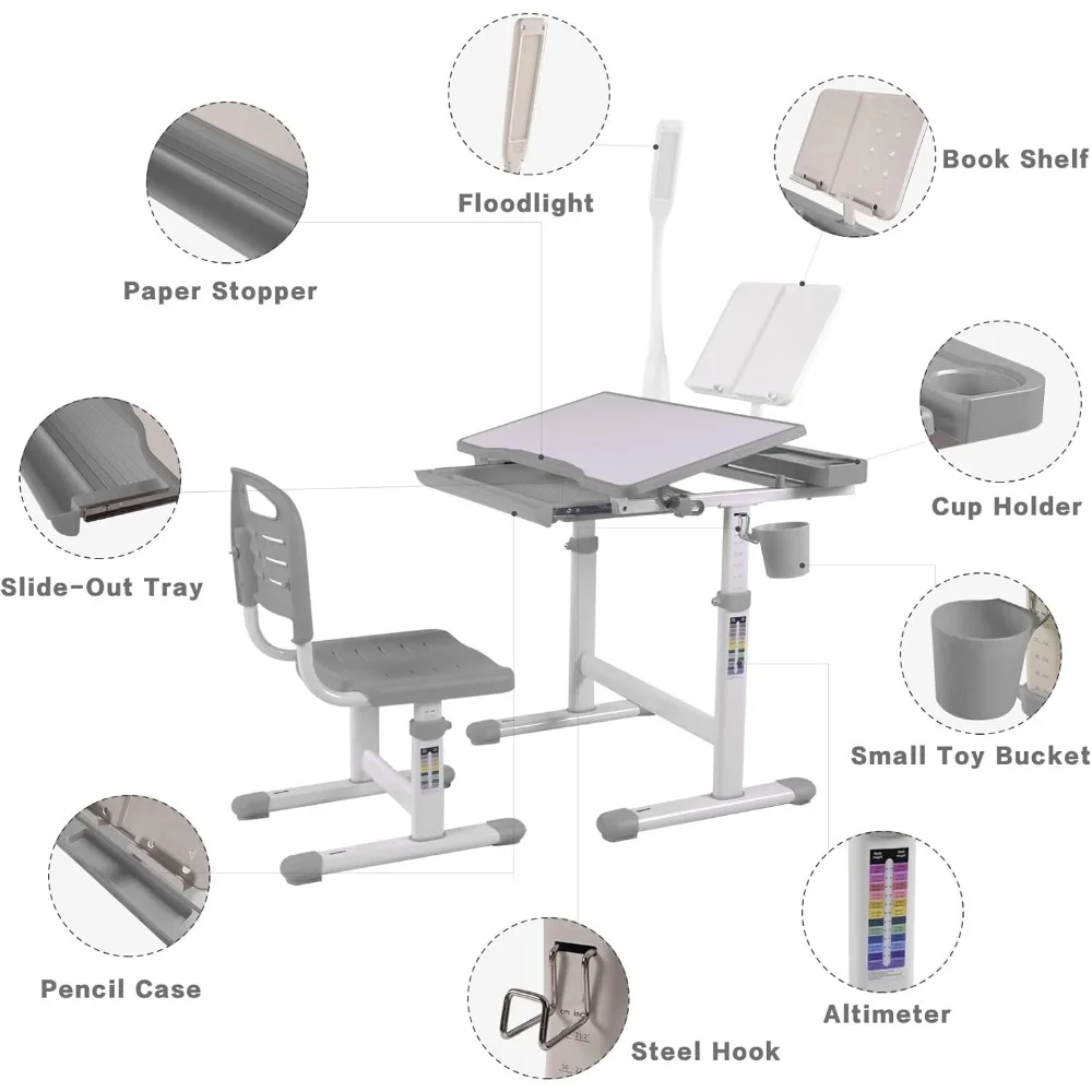 Set scrivania e sedia per bambini Tavolo da disegno per scrivania artistica per bambini Set da scrivania con altezza regolabile, desktop per bambini inclinabile