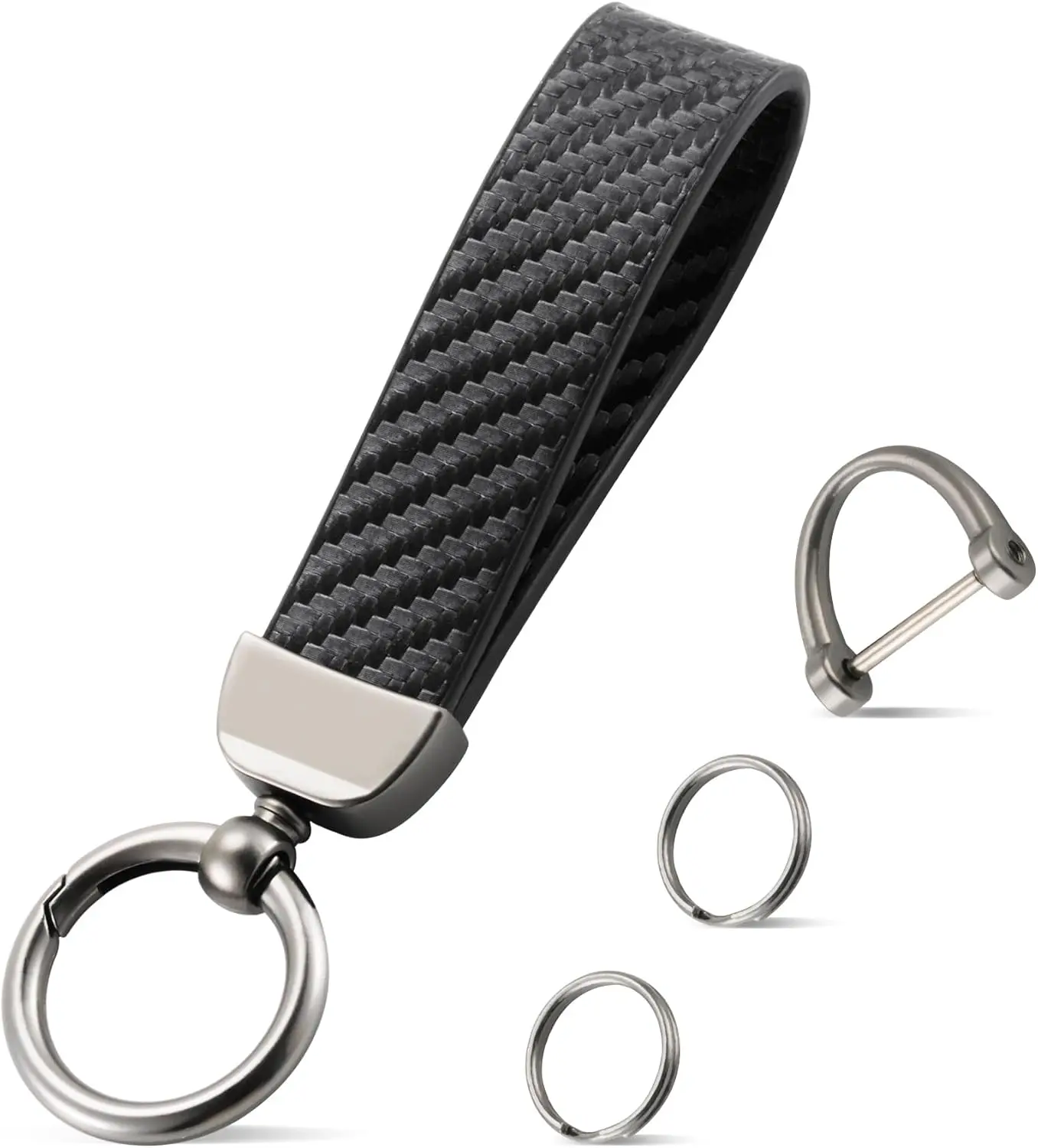 

Leather Keychain, Carbon Fiber Car Key Chain with Anti-Lost D-Ring and 2 Key Ring, Keychain Wristlet