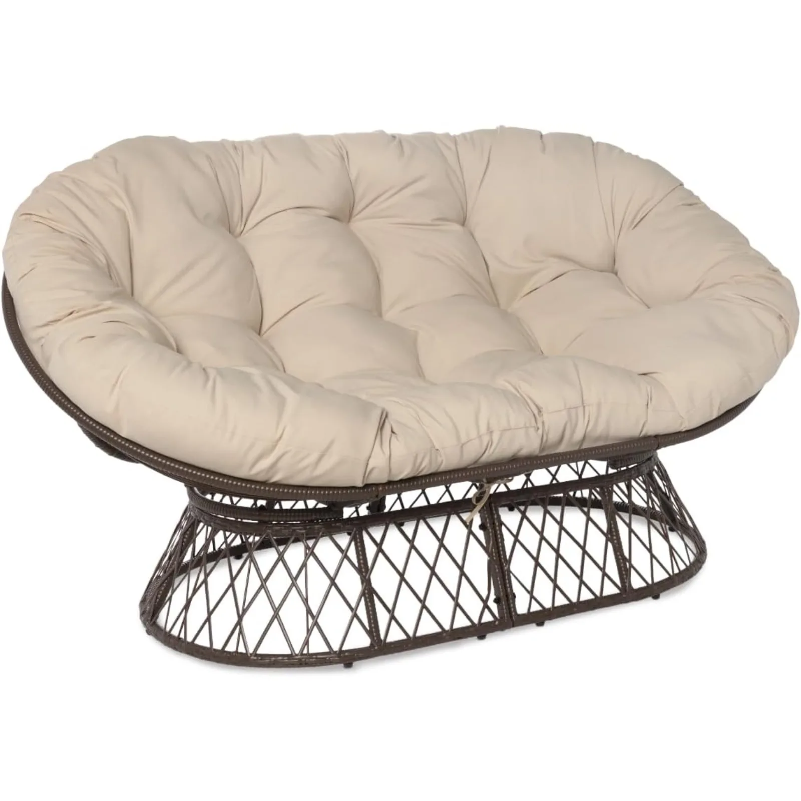 US Double Papasan Chair Loveseat with Beige Cushion and Brown Frame for Indoor and Outdoor Use