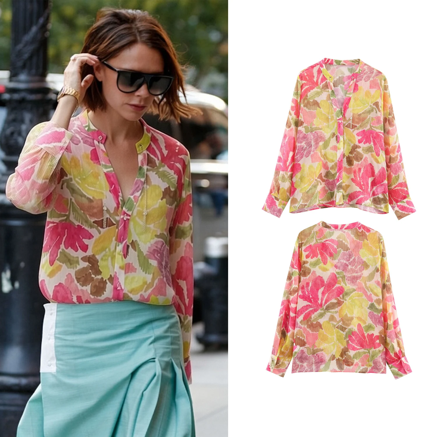 

Женская блузка с цветочным принтом, весна-лето, с V-образным вырезом, длинными рукавами, на пуговицах, в стиле ретро, уличная мода