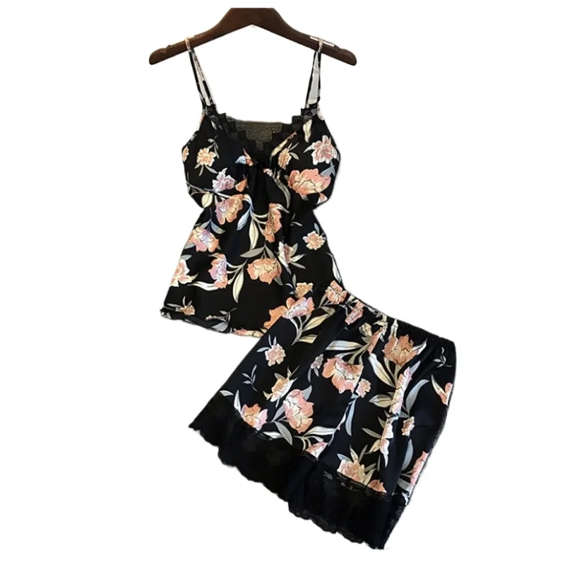 Classic Floral Print Satin Cami Top And Matching Shorts Set Featuring Delicate Lace Trim Details For Women Nightwear Apparel