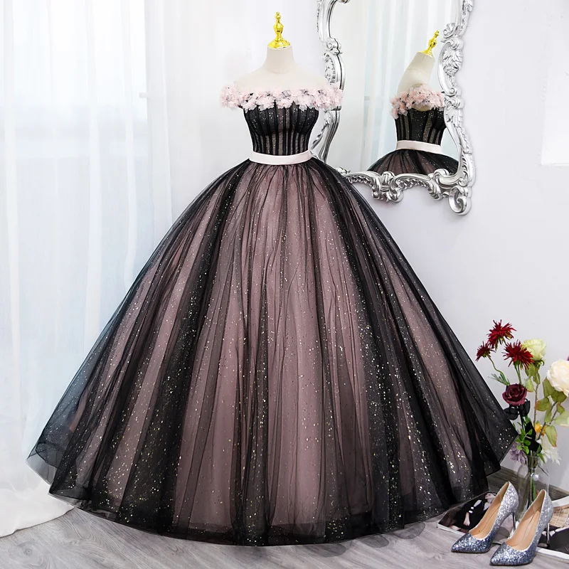 Customized Sweet Floral Appliques Strapless Sleeveless Princess Dress High Waist A-line Ball Gown Mesh Tiered Sequin Floor Lengt