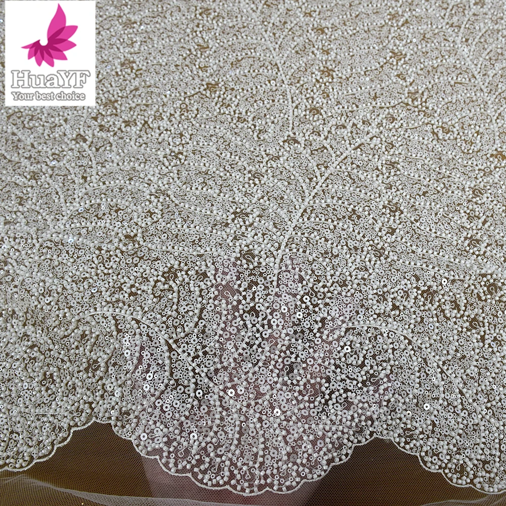 1 Yard Dubai Luxury Pure White Sparkling Sequins High Density Beaded Tulle South African Wedding Lace Fabric HY1862