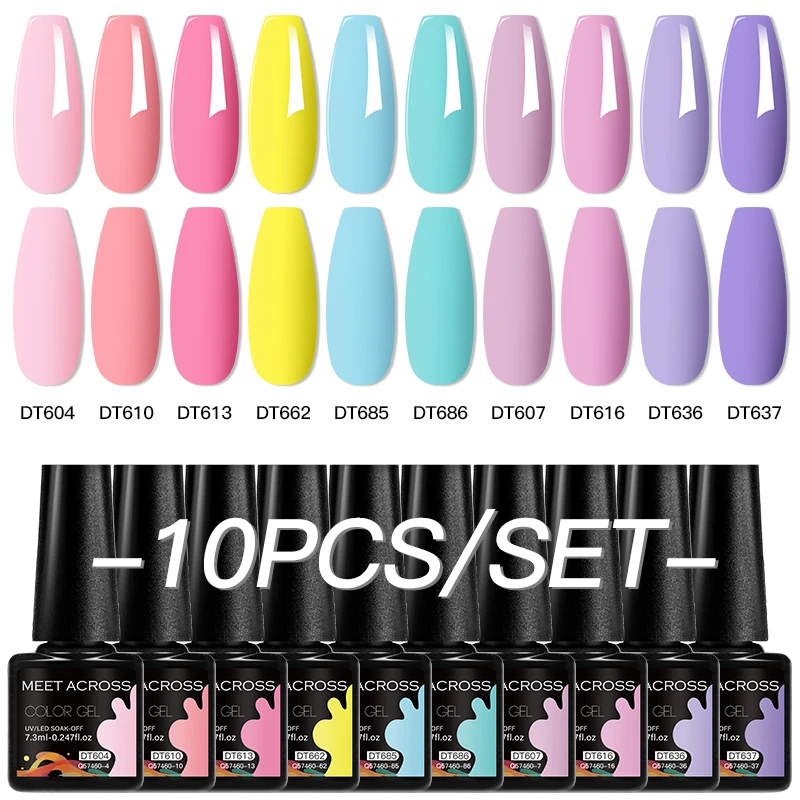 

MEET ACROSS 10Pcs/Set Macaron Gel Nail Polish Summer Glitter Candy Color Semi Permanent Nail Art UV Gel Varnish Manicure Kits