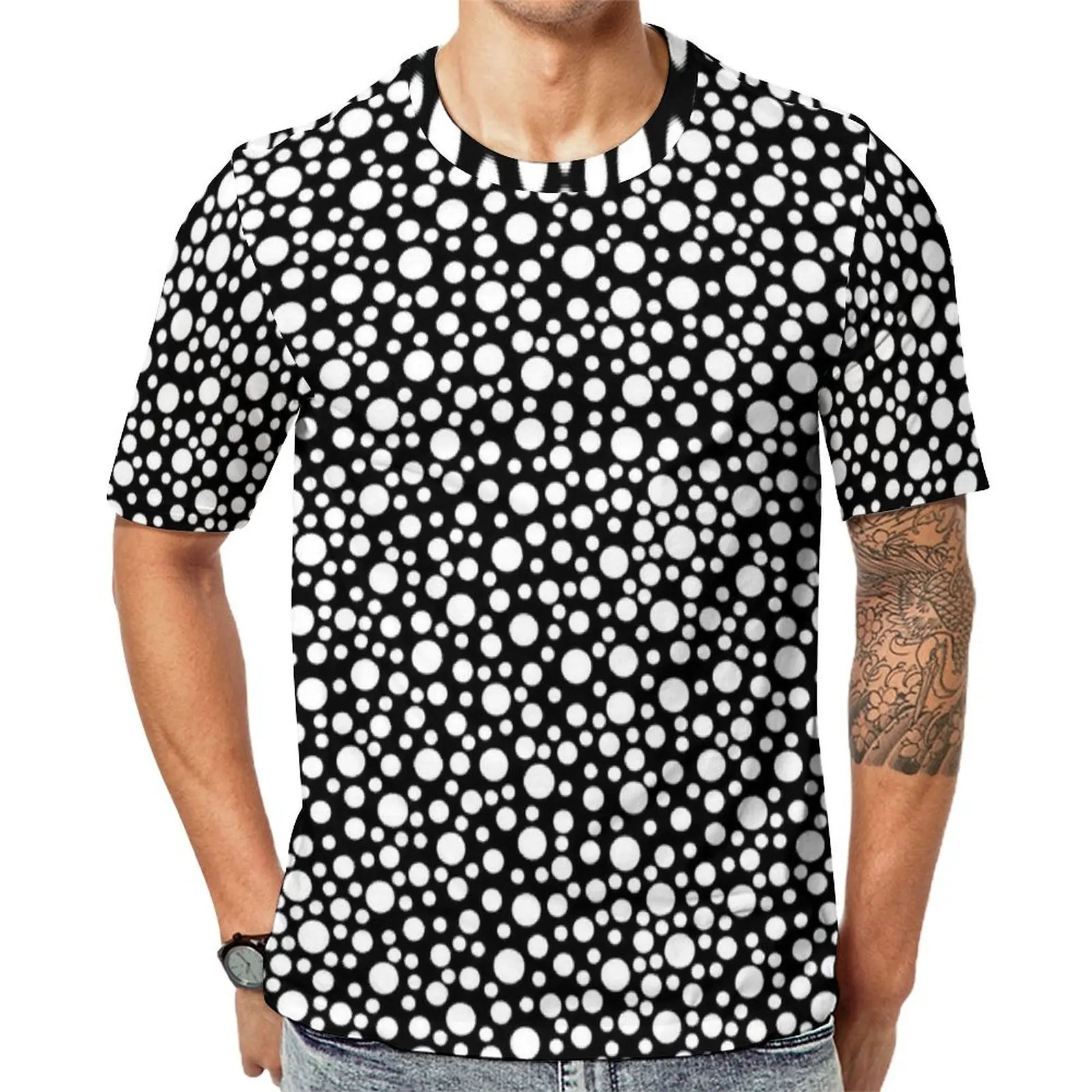 Black White Dense Assorted Dot Print T Shirt  Harajuku T-Shirts Male Casual Tshirt Summer Short Sleeves Design Clothing Big Size