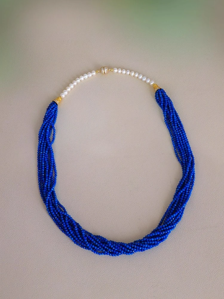 

925 Silver Natural Lapis Lazuli Necklace Earrings Cut Small Beads Sparkling Luxury with Pearls Multi Loop Chain Earrings Set