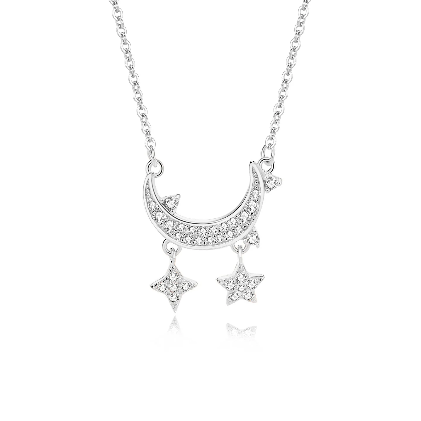

New Star Moon Link Necklace S925 Silver Pendant Rhodium Plated Ins Wind Style Zircon Female-Friendly Lock Chain