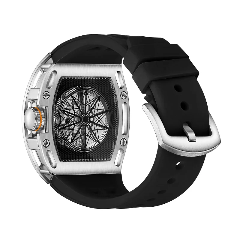 All Stainless Steel Unique Barrel Shape Design Skeleton Dial Silicone Rubber Band Men Quartz Watch