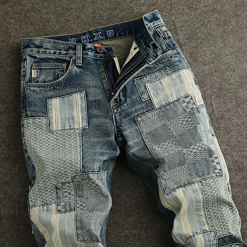 Pantalones vaqueros rasgados para hombre, Jeans Retro de alta calidad, color azul lavado, corte ajustado, diseño parcheado, Hip Hop