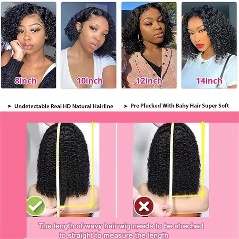 Kinky Curly Lace Front Perucas de Cabelo Humano, Curly Bob Perucas, Cor Natural, Transparente Lace Wigs, Brasileiro, Real, 13x4