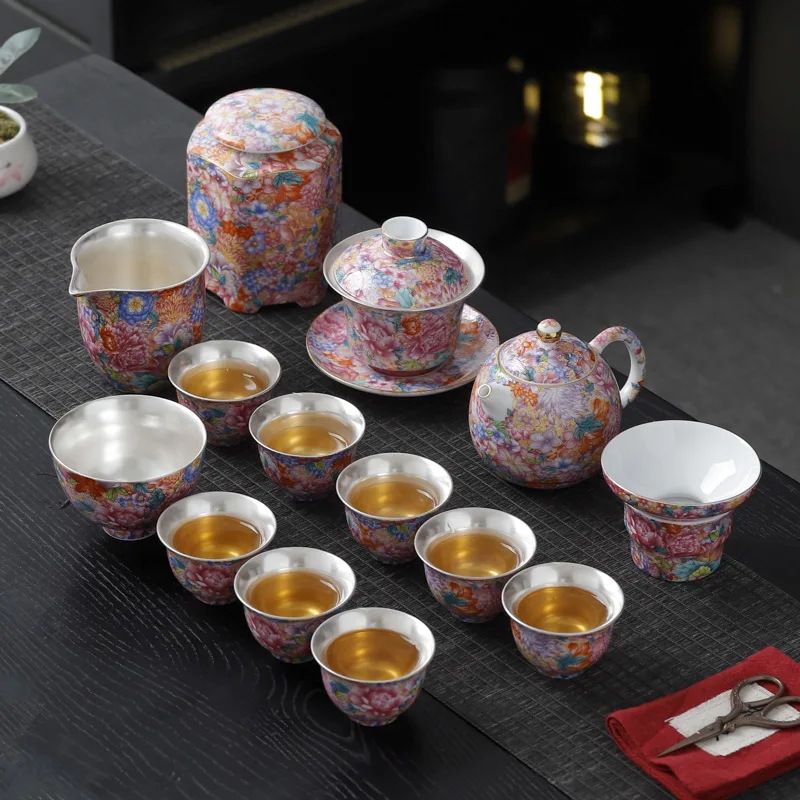 

High-grade enamel color Kung Fu tea set, Liu Yin ceramic cover bowl teacup, the whole set of office tea reception