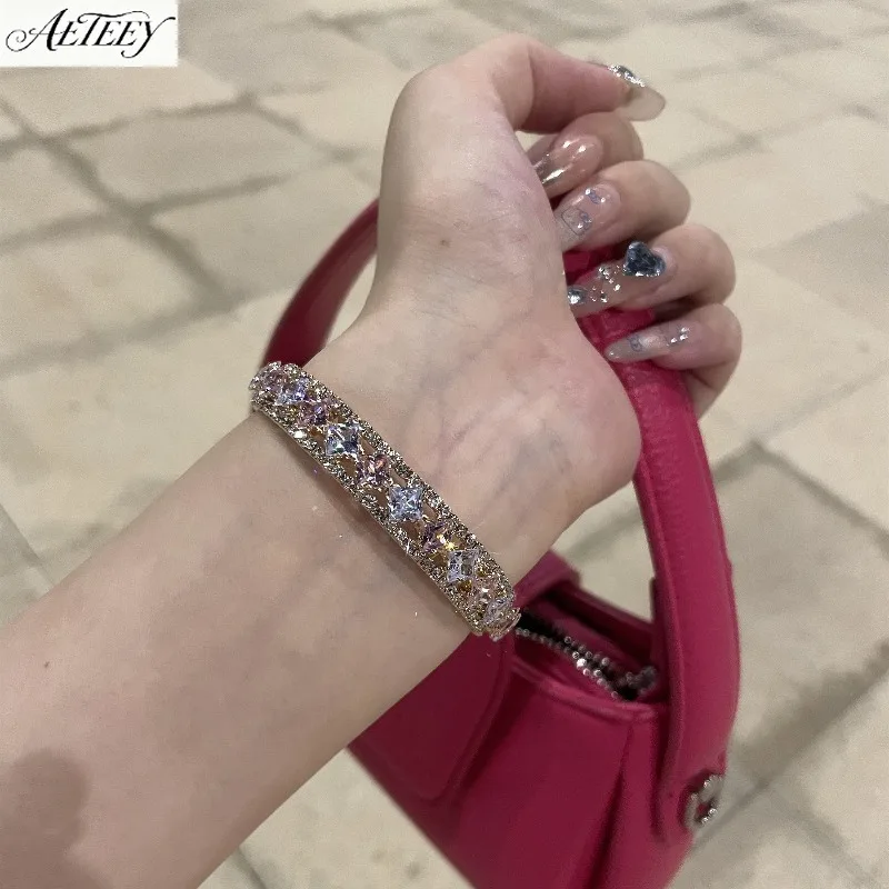 AETEEY Sparkling Full Pink Zircon Open Bracelet for Women, Light Luxury Bold Statement Trendy Jewelry Gift