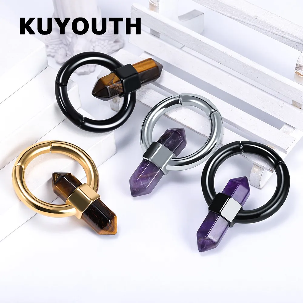 KUYOUTH Latest Stainless Steel Amethyst Tiger Eye Stone Pillar Magnet Ear Weight Gauges Jewelry Earring Piercing Stretchers 2PCS