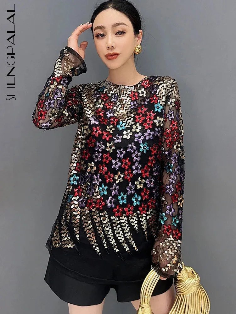 

SHENGPALAE 2024 Spring New Heavy Industry Sequin T-shirt Long Sleeved Mesh O-Neck Sexy Fashion Elegant Gorgeous Top Women 5R9694