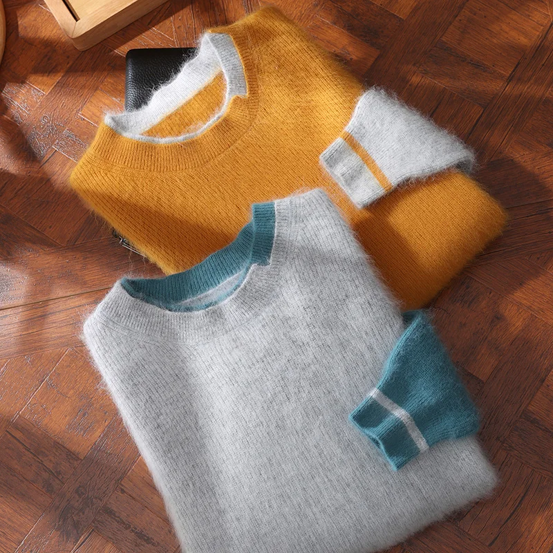 Men's 100% Mink Cashmere round Neck Pullover Sweater Long Sleeve Thickened Autumn Winter Business Casual Color Blocking Knit Top