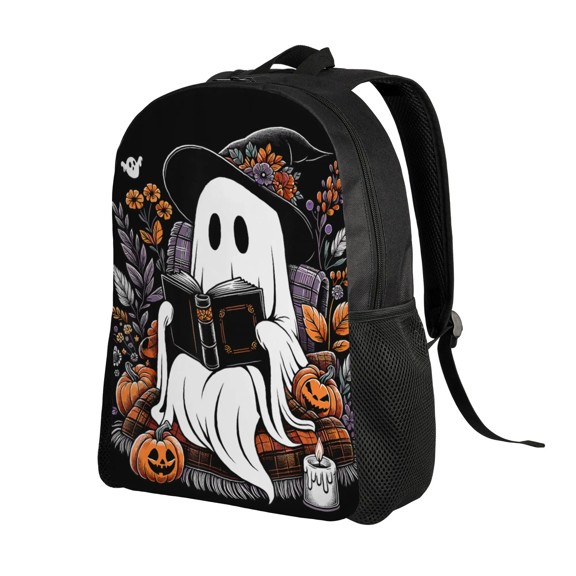 Ghost Reading Books Pumpkin Halloween Backpack for Men Women High School Work Daypack Laptop Computer Canvas Bags with Pocket