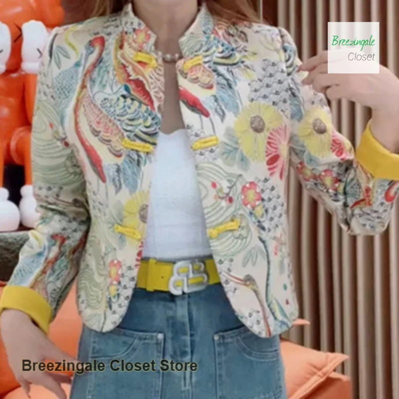 New Chinese national style fashion print short coat women's spring and autumn new high-grade temperament collar buckle coat