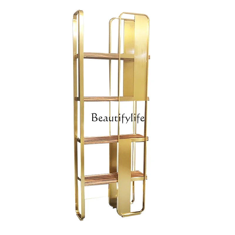 

Light Luxury Stainless Steel Custom Furniture Floor Bookshelf Living Room Solid Wood Veneer Storage Rack Metal Partition